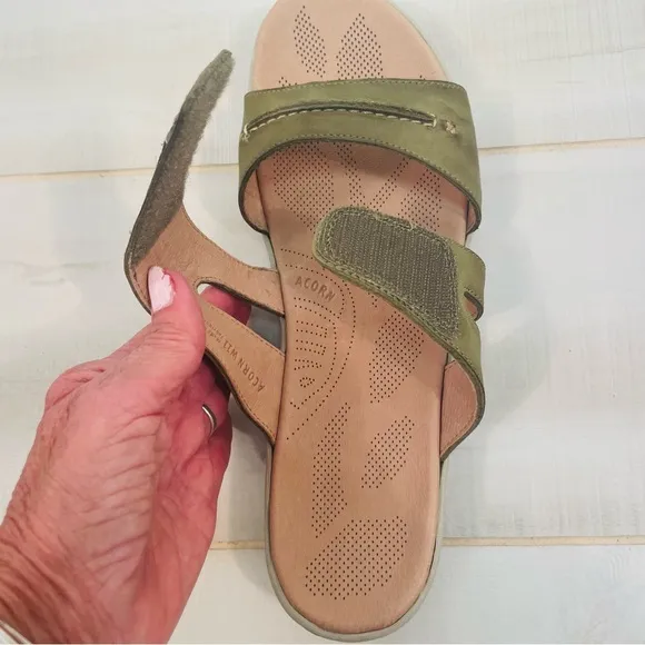 Acorn C2G Lite Slide Loden Green Leather Adjustable Strap Sandals, Sz 11W
