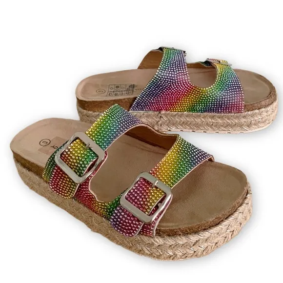 Adrienne Vittadini Girls 3 NWOT Buckle Rainbow Rhinestone Espadrille Sandals