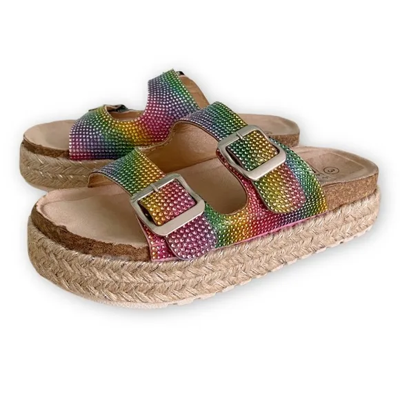 Adrienne Vittadini Girls 3 NWOT Buckle Rainbow Rhinestone Espadrille Sandals