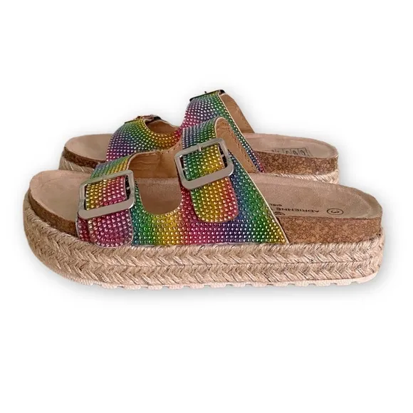 Adrienne Vittadini Girls 3 NWOT Buckle Rainbow Rhinestone Espadrille Sandals