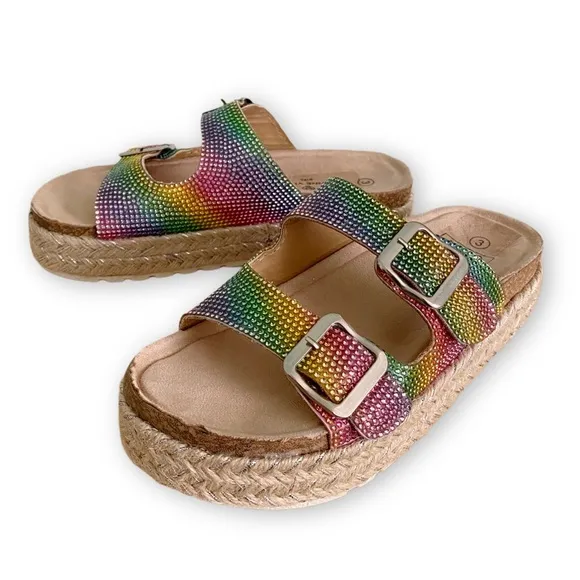 Adrienne Vittadini Girls 3 NWOT Buckle Rainbow Rhinestone Espadrille Sandals