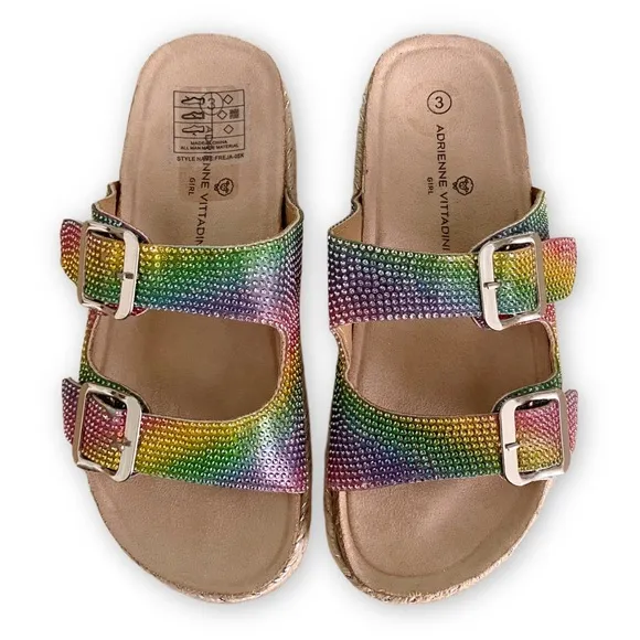 Adrienne Vittadini Girls 3 NWOT Buckle Rainbow Rhinestone Espadrille Sandals