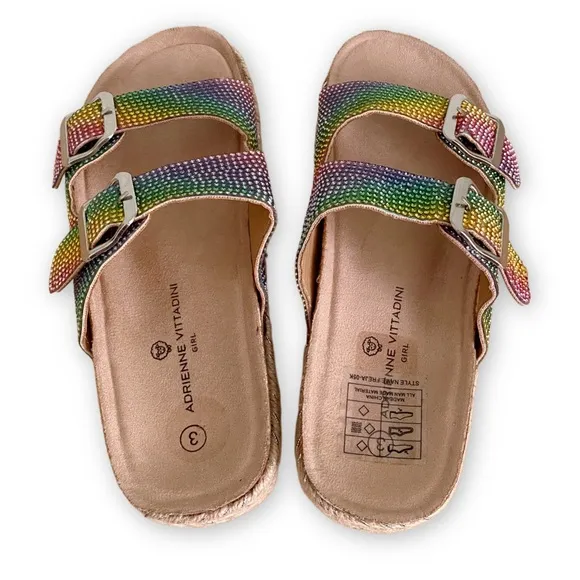 Adrienne Vittadini Girls 3 NWOT Buckle Rainbow Rhinestone Espadrille Sandals