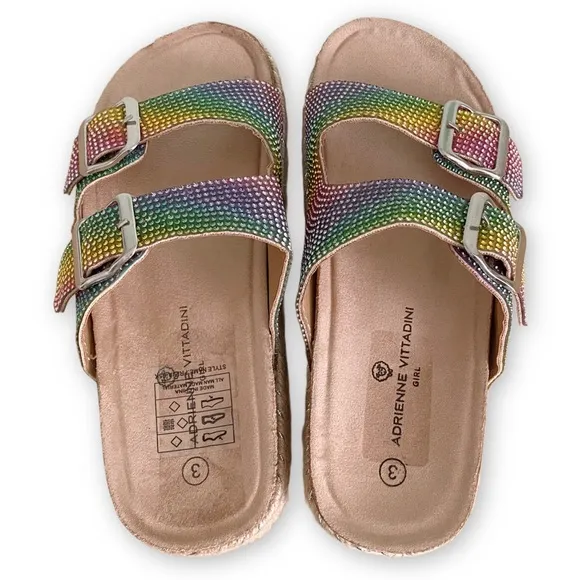 Adrienne Vittadini Girls 3 NWOT Buckle Rainbow Rhinestone Espadrille Sandals