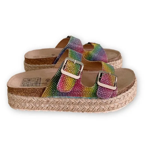 Adrienne Vittadini Girls 3 NWOT Buckle Rainbow Rhinestone Espadrille Sandals