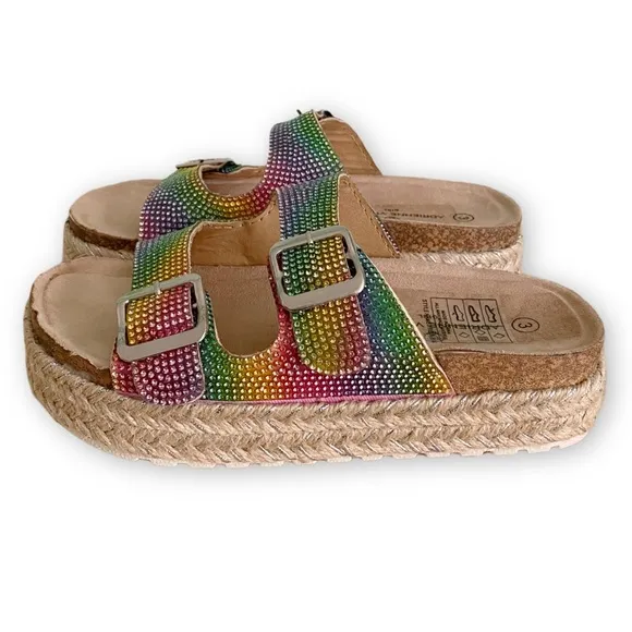 Adrienne Vittadini Girls 3 NWOT Buckle Rainbow Rhinestone Espadrille Sandals