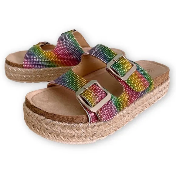Adrienne Vittadini Girls 3 NWOT Buckle Rainbow Rhinestone Espadrille Sandals