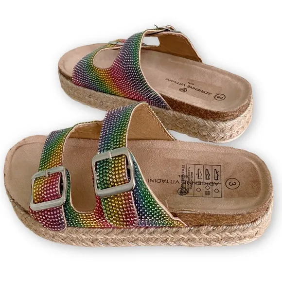 Adrienne Vittadini Girls 3 NWOT Buckle Rainbow Rhinestone Espadrille Sandals