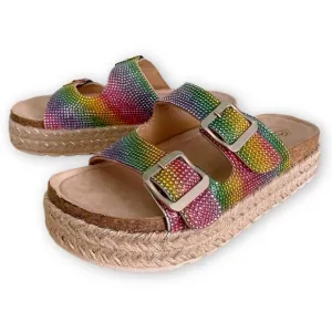 Adrienne Vittadini Girls 3 NWOT Buckle Rainbow Rhinestone Espadrille Sandals