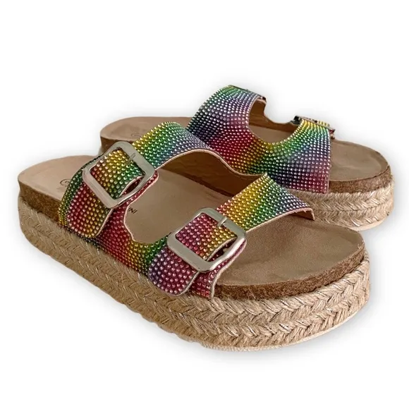 Adrienne Vittadini Girls 3 NWOT Buckle Rainbow Rhinestone Espadrille Sandals