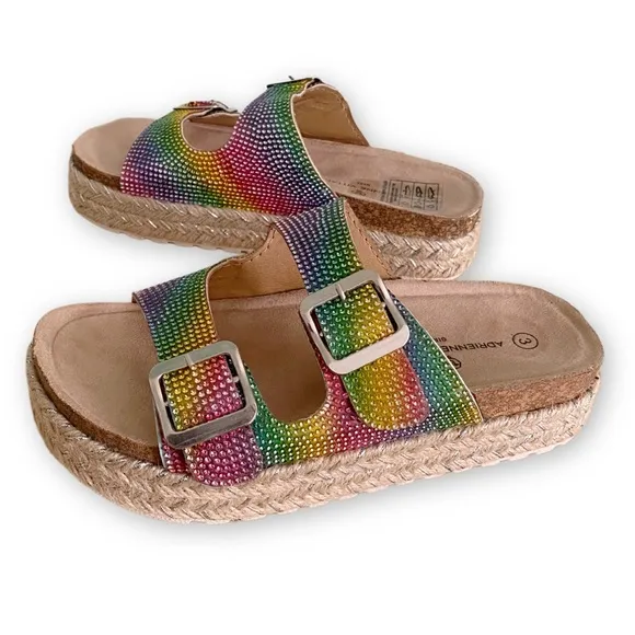 Adrienne Vittadini Girls 3 NWOT Buckle Rainbow Rhinestone Espadrille Sandals