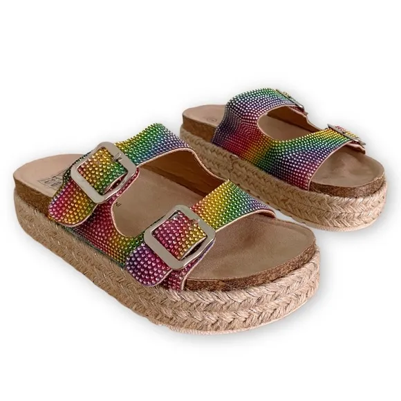Adrienne Vittadini Girls 3 NWOT Buckle Rainbow Rhinestone Espadrille Sandals