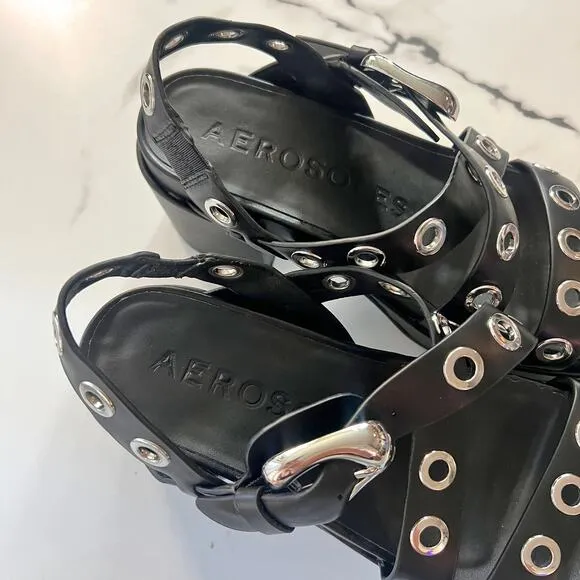 Aerosoles Black Leather Silver Grommet Slingback Platform Sandals Size 8.5