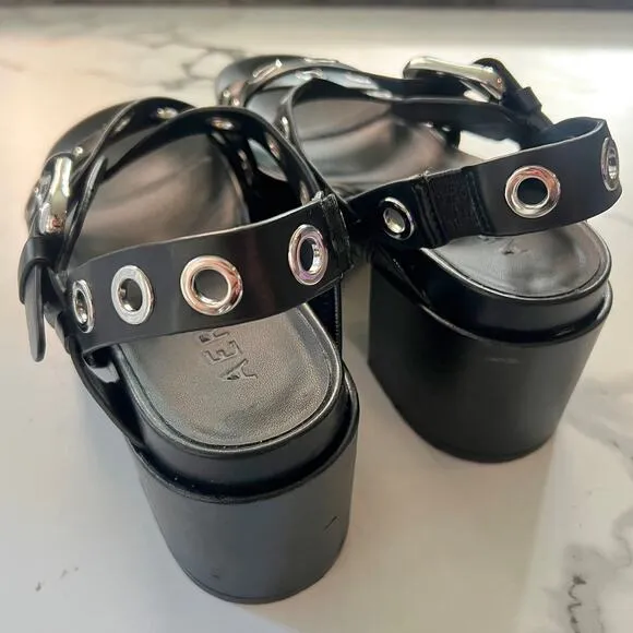 Aerosoles Black Leather Silver Grommet Slingback Platform Sandals Size 8.5