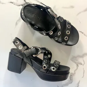 Aerosoles Black Leather Silver Grommet Slingback Platform Sandals Size 8.5