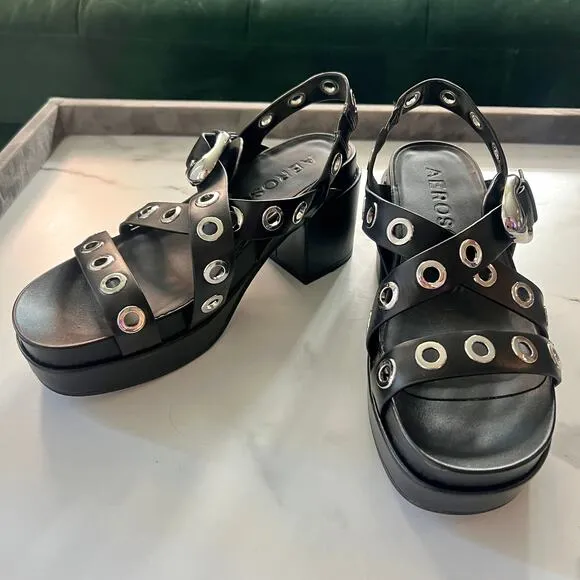 Aerosoles Black Leather Silver Grommet Slingback Platform Sandals Size 8.5