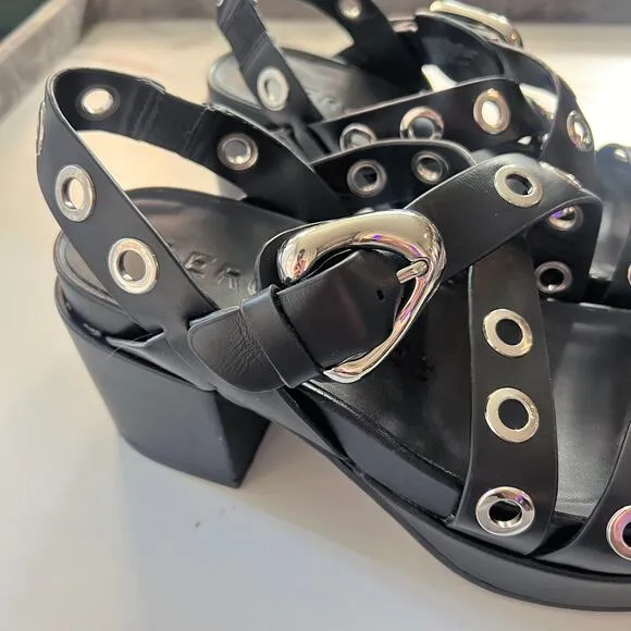 Aerosoles Black Leather Silver Grommet Slingback Platform Sandals Size 8.5