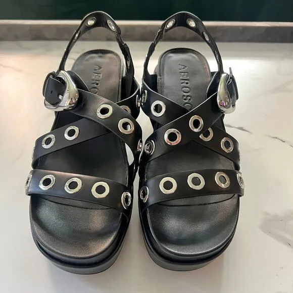 Aerosoles Black Leather Silver Grommet Slingback Platform Sandals Size 8.5