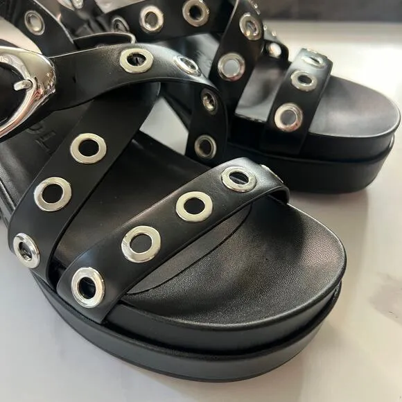 Aerosoles Black Leather Silver Grommet Slingback Platform Sandals Size 8.5