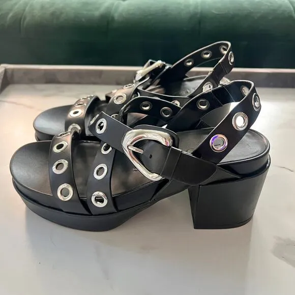 Aerosoles Black Leather Silver Grommet Slingback Platform Sandals Size 8.5