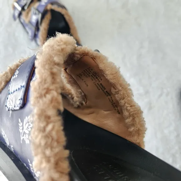 Aerosoles Laura Ashley Olivia Slides Floral Shearling Fur Platform Sandals 7.5