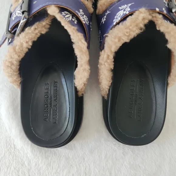 Aerosoles Laura Ashley Olivia Slides Floral Shearling Fur Platform Sandals 7.5