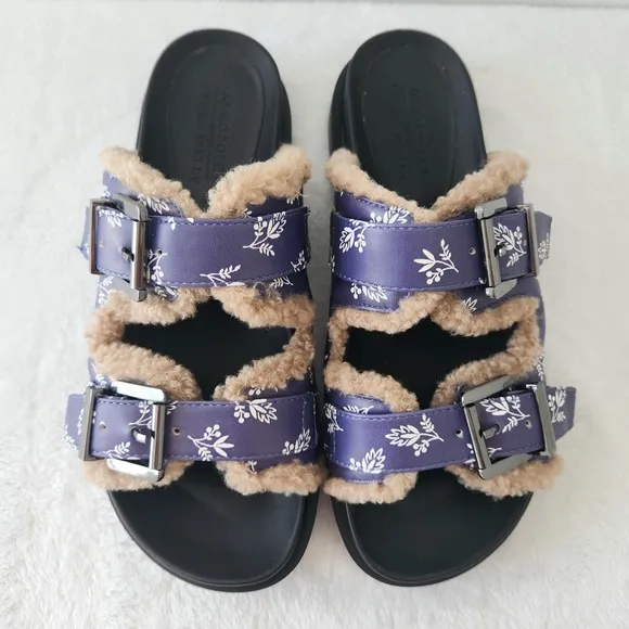 Aerosoles Laura Ashley Olivia Slides Floral Shearling Fur Platform Sandals 7.5