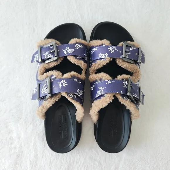 Aerosoles Laura Ashley Olivia Slides Floral Shearling Fur Platform Sandals 7.5