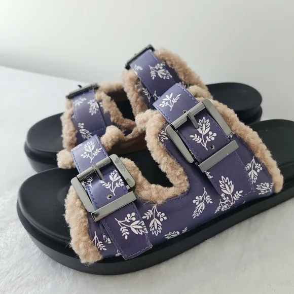 Aerosoles Laura Ashley Olivia Slides Floral Shearling Fur Platform Sandals 7.5