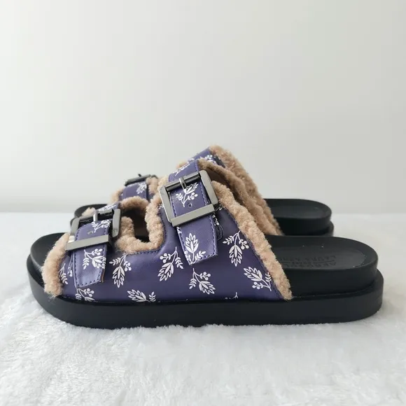 Aerosoles Laura Ashley Olivia Slides Floral Shearling Fur Platform Sandals 7.5