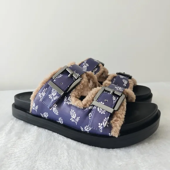 Aerosoles Laura Ashley Olivia Slides Floral Shearling Fur Platform Sandals 7.5