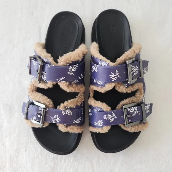 Aerosoles Laura Ashley Olivia Slides Floral Shearling Fur Platform Sandals 7.5