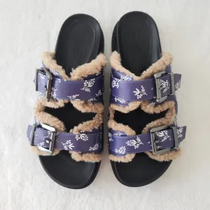 Aerosoles Laura Ashley Olivia Slides Floral Shearling Fur Platform Sandals 7.5