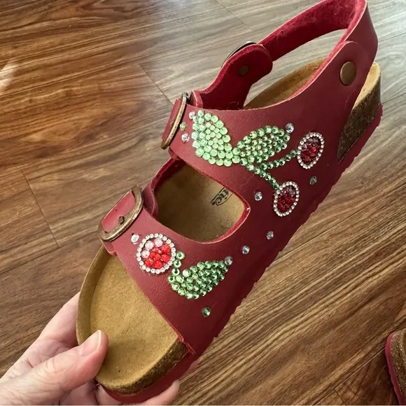 Aerothotic Two Strap Buckle Custom Rhinestone Cherry Sandals SZ 38 Red