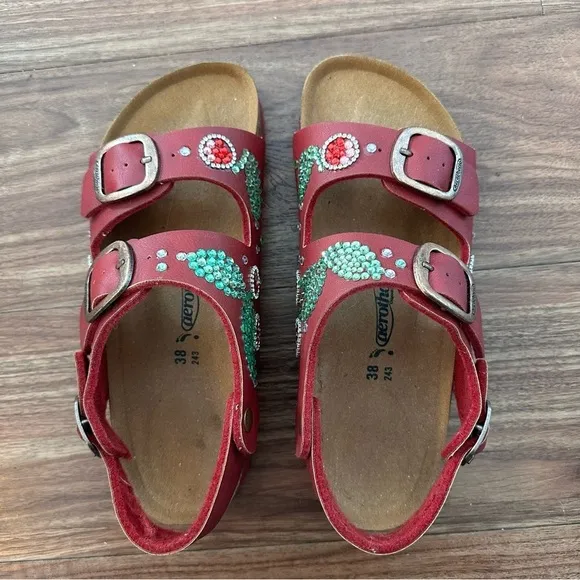 Aerothotic Two Strap Buckle Custom Rhinestone Cherry Sandals SZ 38 Red