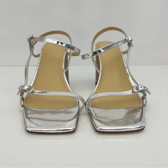 AEYDE Franzi Patent-Leather Strappy Sandals In Silver NEW