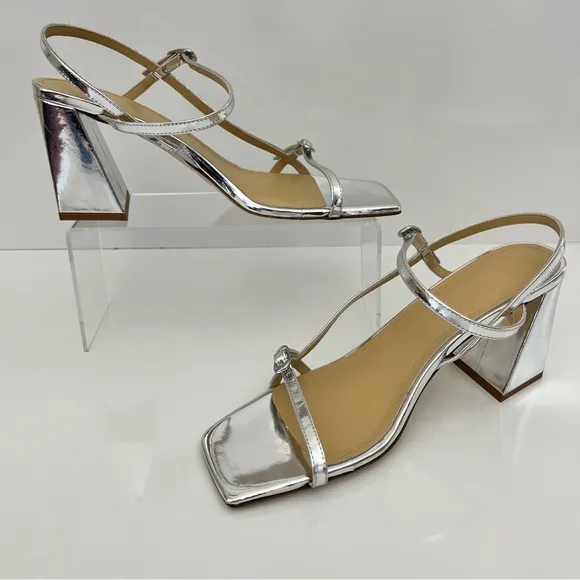 AEYDE Franzi Patent-Leather Strappy Sandals In Silver NEW