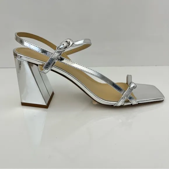 AEYDE Franzi Patent-Leather Strappy Sandals In Silver NEW