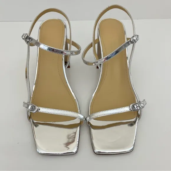 AEYDE Franzi Patent-Leather Strappy Sandals In Silver NEW
