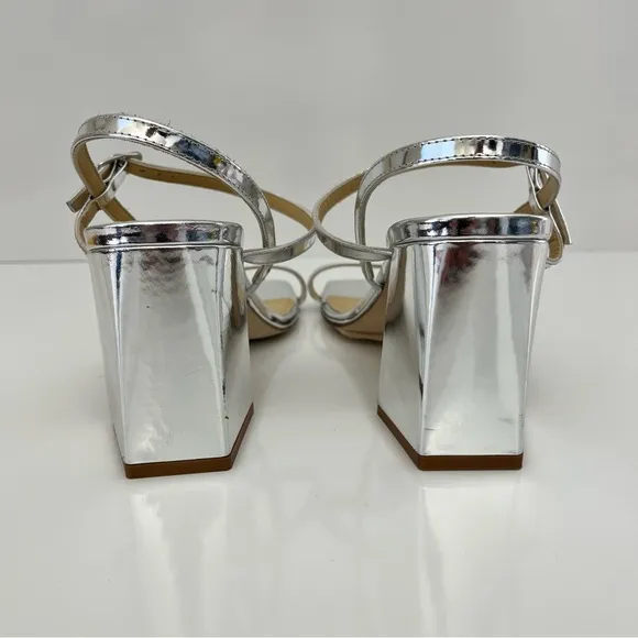 AEYDE Franzi Patent-Leather Strappy Sandals In Silver NEW