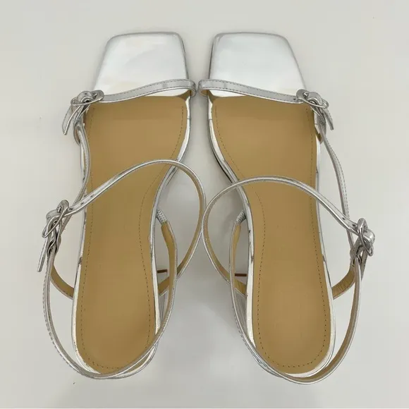 AEYDE Franzi Patent-Leather Strappy Sandals In Silver NEW