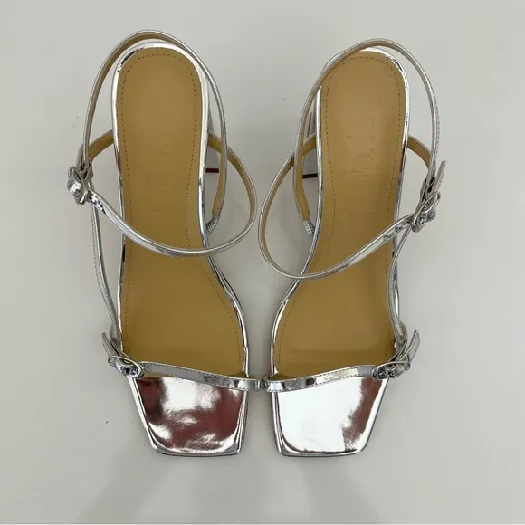AEYDE Franzi Patent-Leather Strappy Sandals In Silver NEW