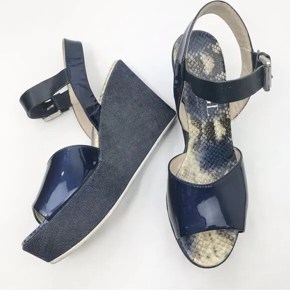 AGL Attilio Giusti Leombruni Blue Patent Leather, Denim, Snakeskin Wedge Sandal