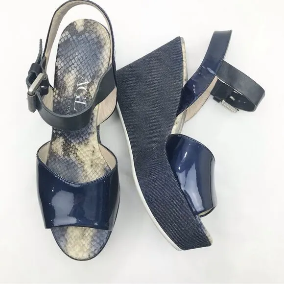 AGL Attilio Giusti Leombruni Blue Patent Leather, Denim, Snakeskin Wedge Sandal