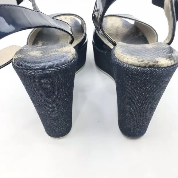 AGL Attilio Giusti Leombruni Blue Patent Leather, Denim, Snakeskin Wedge Sandal