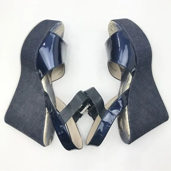 AGL Attilio Giusti Leombruni Blue Patent Leather, Denim, Snakeskin Wedge Sandal
