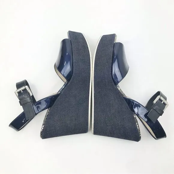 AGL Attilio Giusti Leombruni Blue Patent Leather, Denim, Snakeskin Wedge Sandal