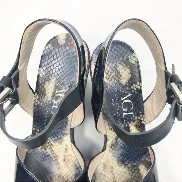 AGL Attilio Giusti Leombruni Blue Patent Leather, Denim, Snakeskin Wedge Sandal