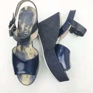 AGL Attilio Giusti Leombruni Blue Patent Leather, Denim, Snakeskin Wedge Sandal
