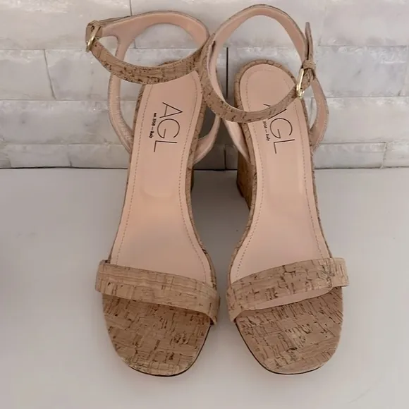 AGL Demi Ankle Strap Wedge Sandal Cork Leather Heel Size 41, US 10